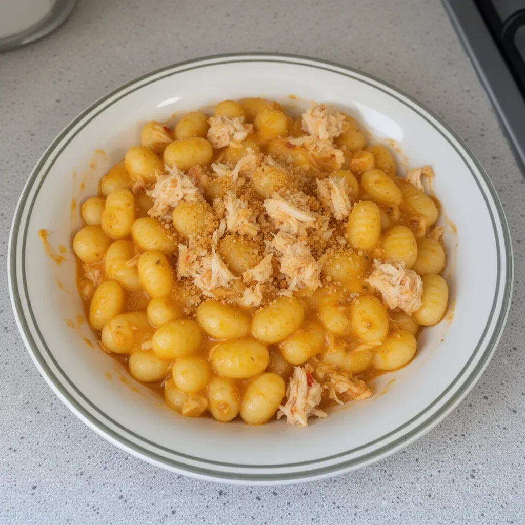 Delicious Cajun Crab Gnocchi Mac and Cheese in a skillet