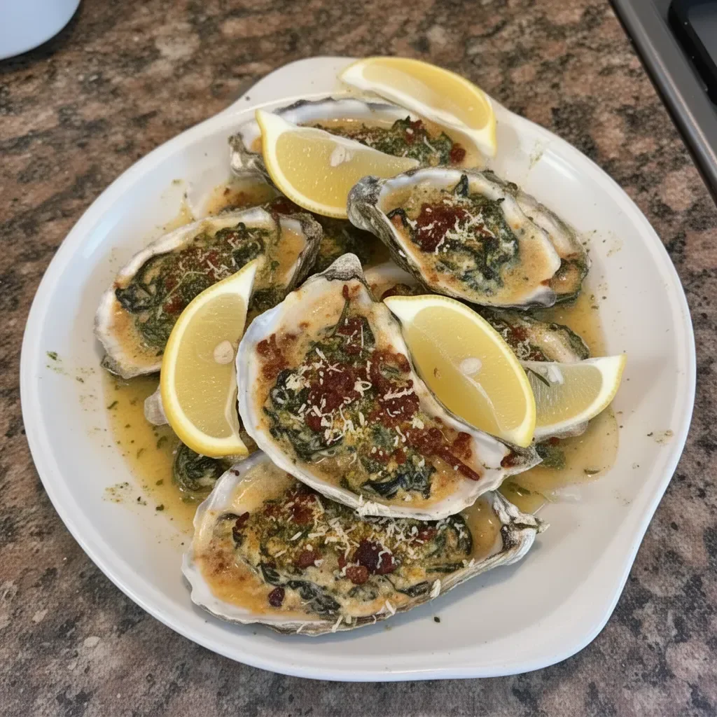Delicious Cajun Oyster Rockefeller with rich toppings and fresh oysters