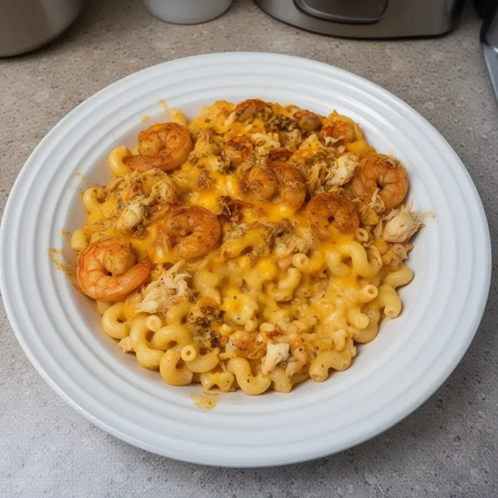 Cajun shrimp and crab mac and cheese served in a bowl
