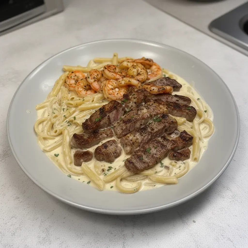 Cajun Shrimp Steak Alfredo Pasta served in a creamy sauce with herbs