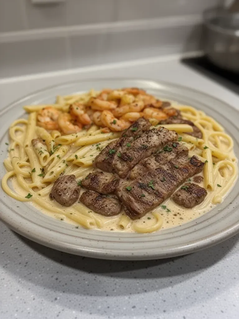 Cajun Shrimp and Steak Alfredo Pasta