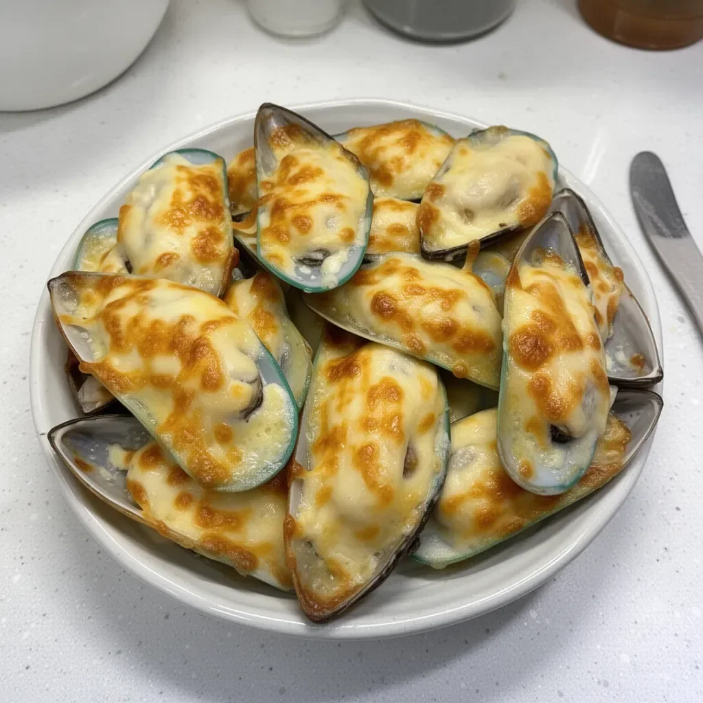 Platter of Cheesy Mayo Mussels, inspired by Chinese buffet cuisine.