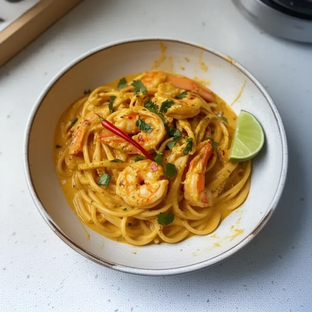 Delicious Coconut Curry Prawn Pasta garnished with fresh herbs.