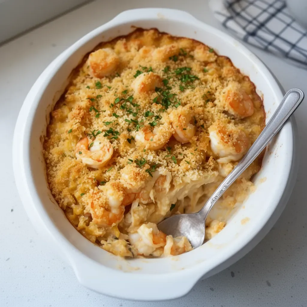 Delicious crab and shrimp casserole served in a baking dish