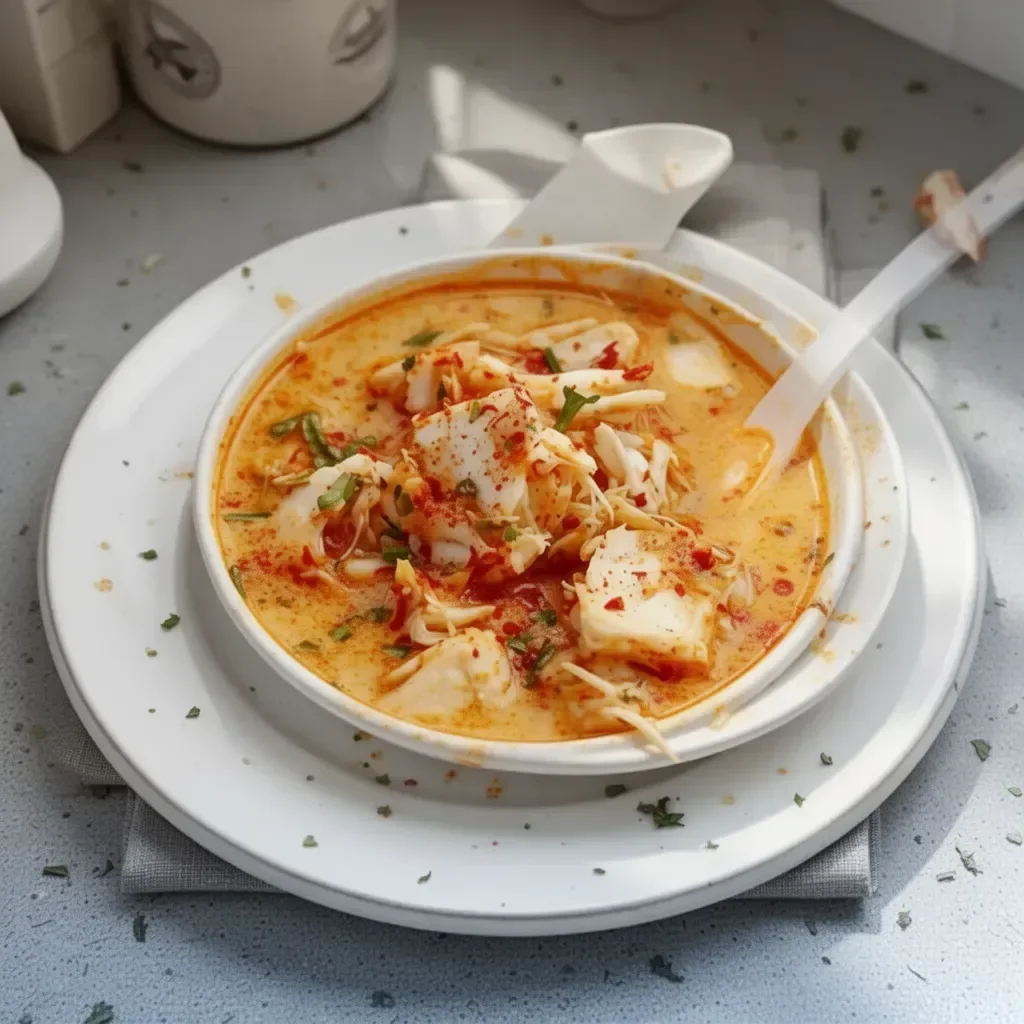 Delicious crab stew in a bowl, featuring creamy broth and fresh ingredients