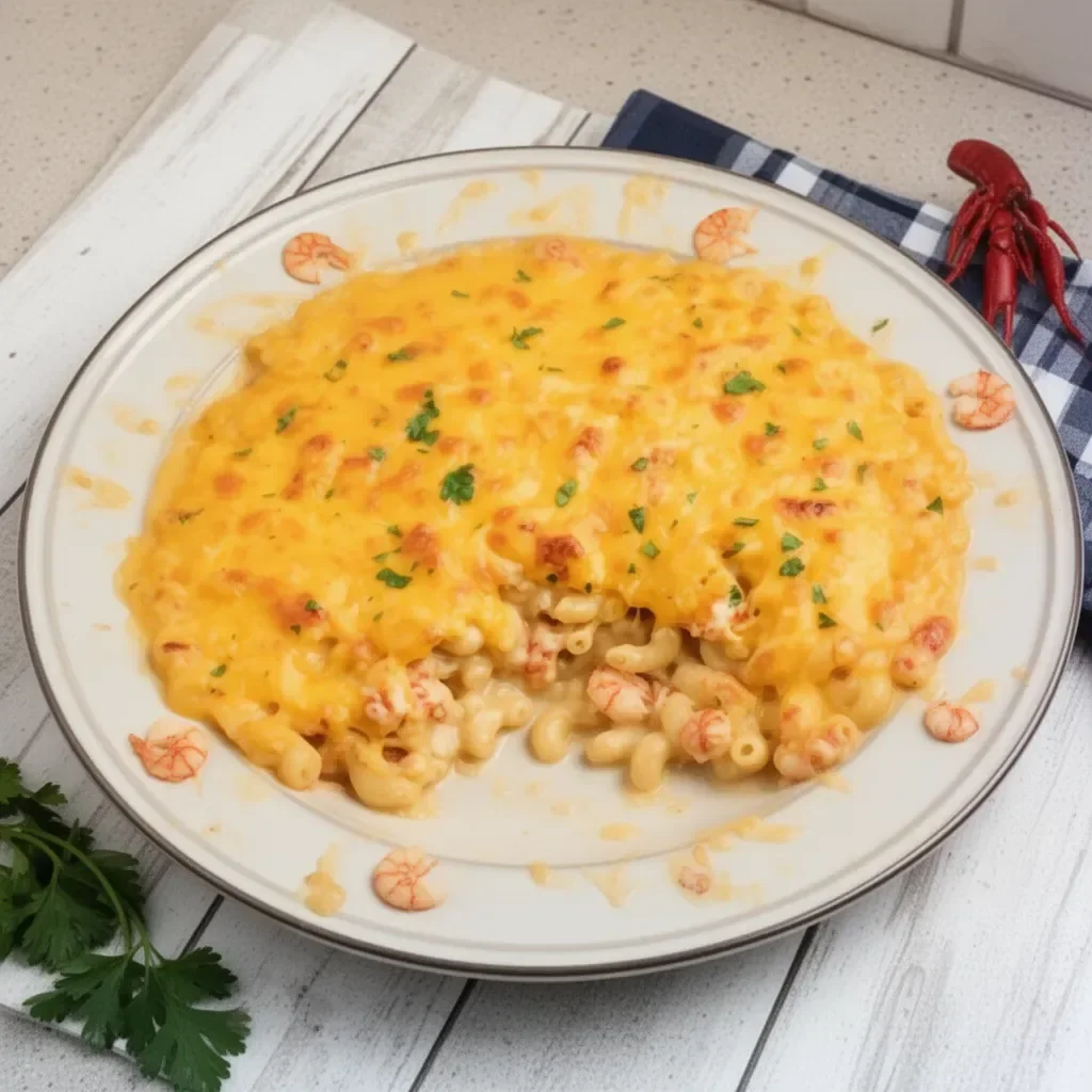 Delicious homemade Crawfish Mac and Cheese topped with cheese and herbs.