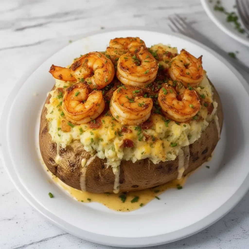 Creamy Cajun shrimp loaded baked potato topped with cheese and herbs