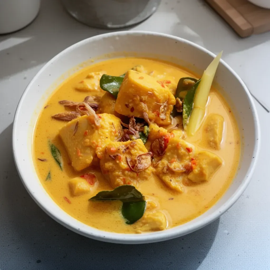 Bowl of creamy coconut Indonesian fish curry served with rice and herbs