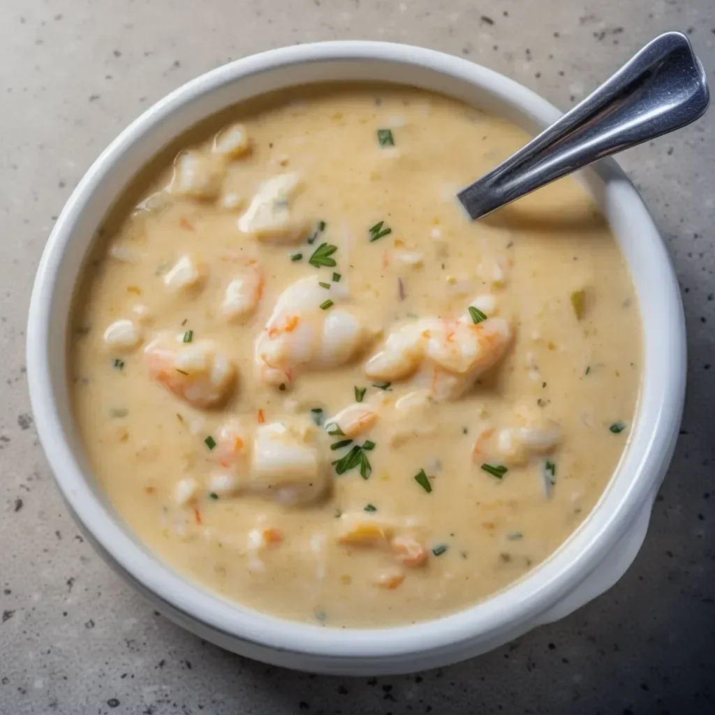 Delicious bowl of creamy crab and shrimp bisque garnished with herbs