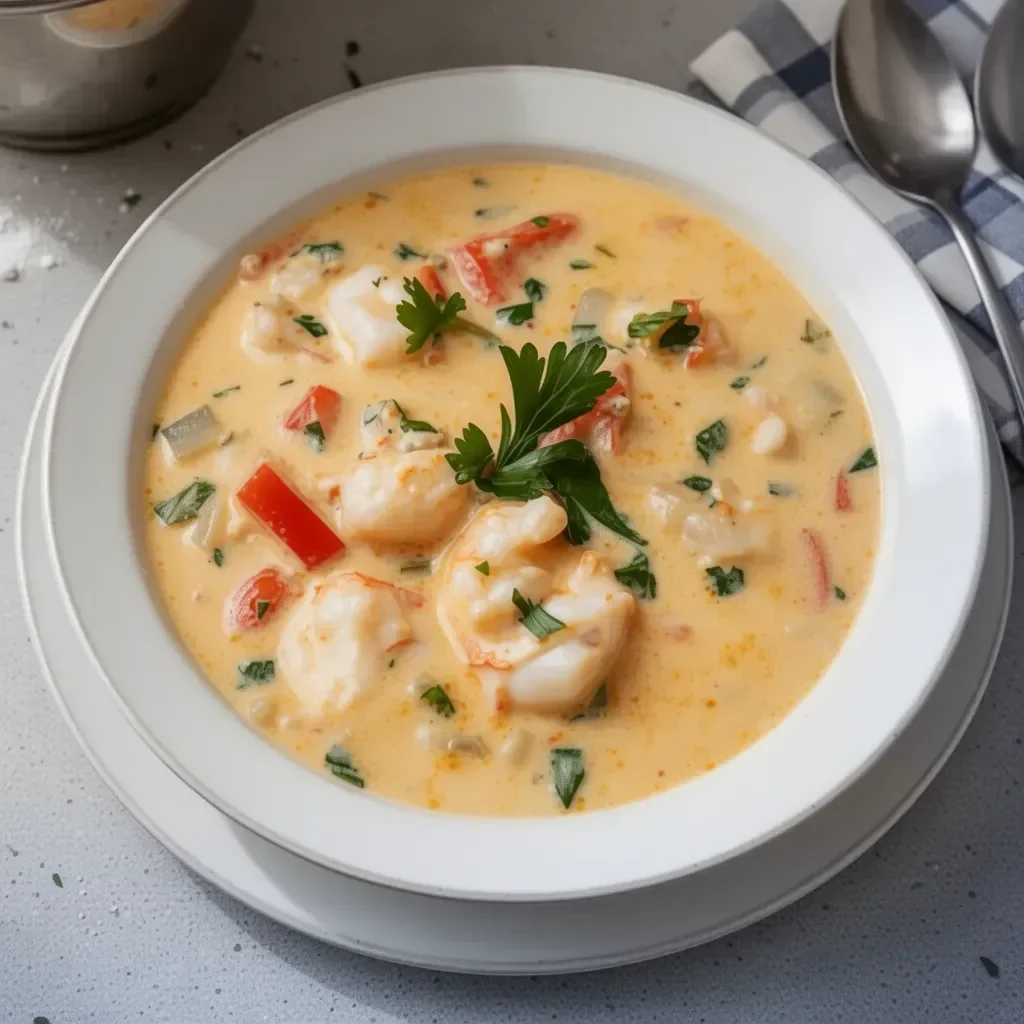 Creamy crab and shrimp seafood bisque garnished with herbs