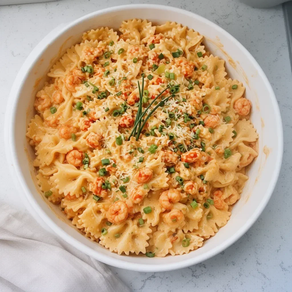 Creamy crawfish pasta dish garnished with herbs and spices