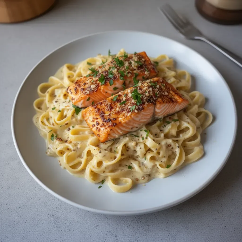 Creamy Garlic Butter Salmon Fettuccine served in a bowl, garnished with herbs.