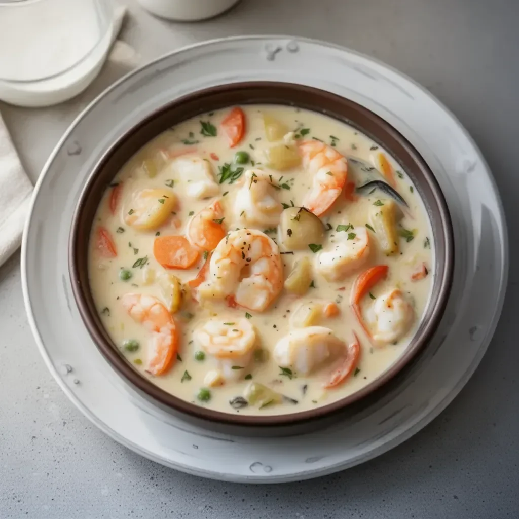 Bowl of creamy rich seafood chowder for a cozy night in.