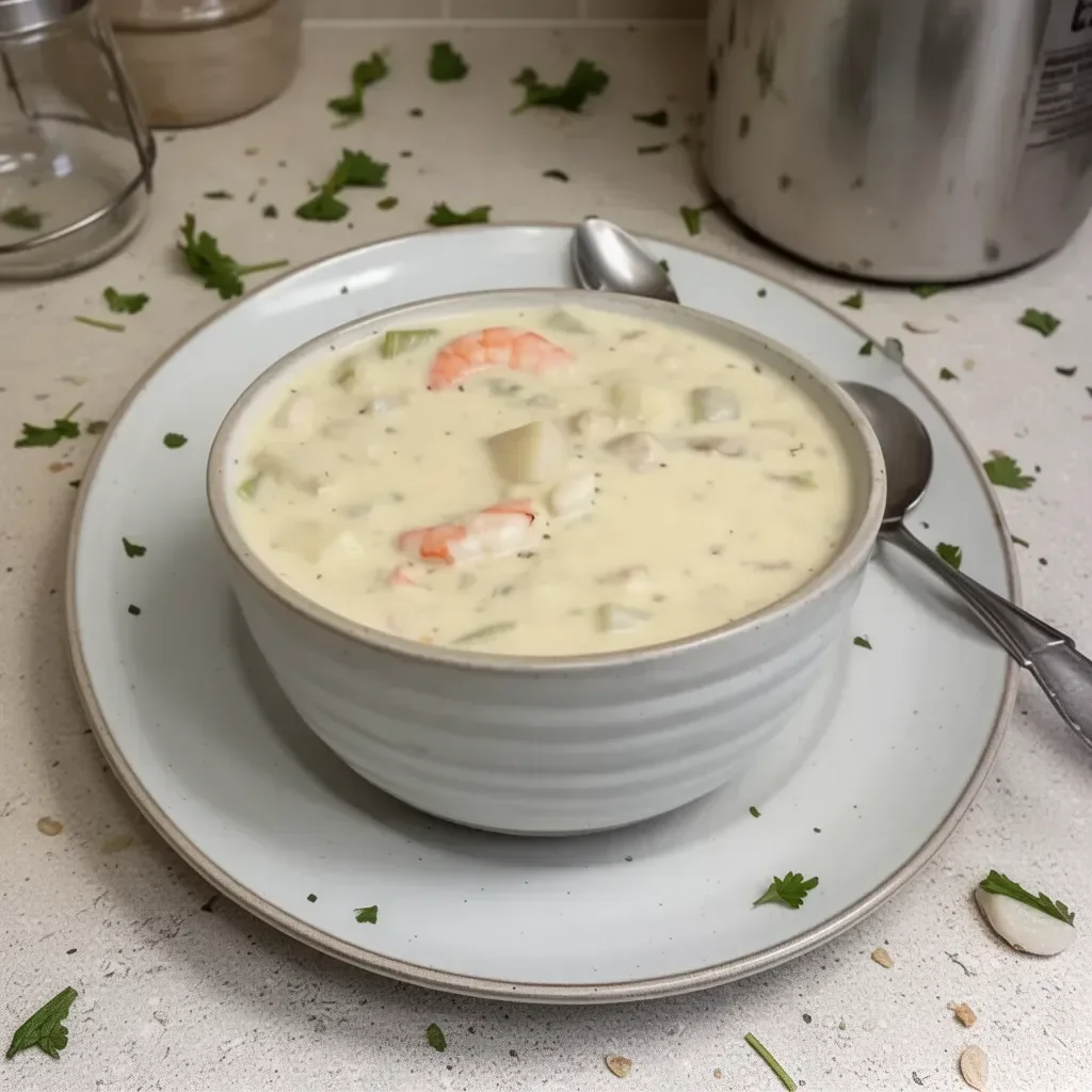Delicious creamy seafood chowder served in a bowl with herbs and bread.