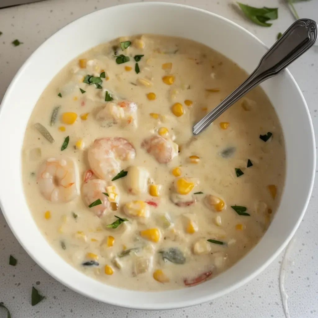 Creamy shrimp corn soup garnished with herbs in a bowl