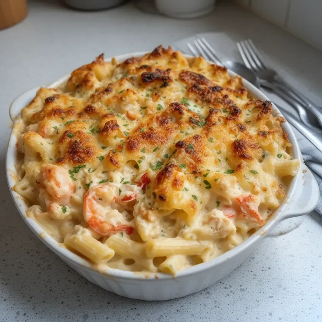 Creamy shrimp crab alfredo pasta bake topped with cheese crust