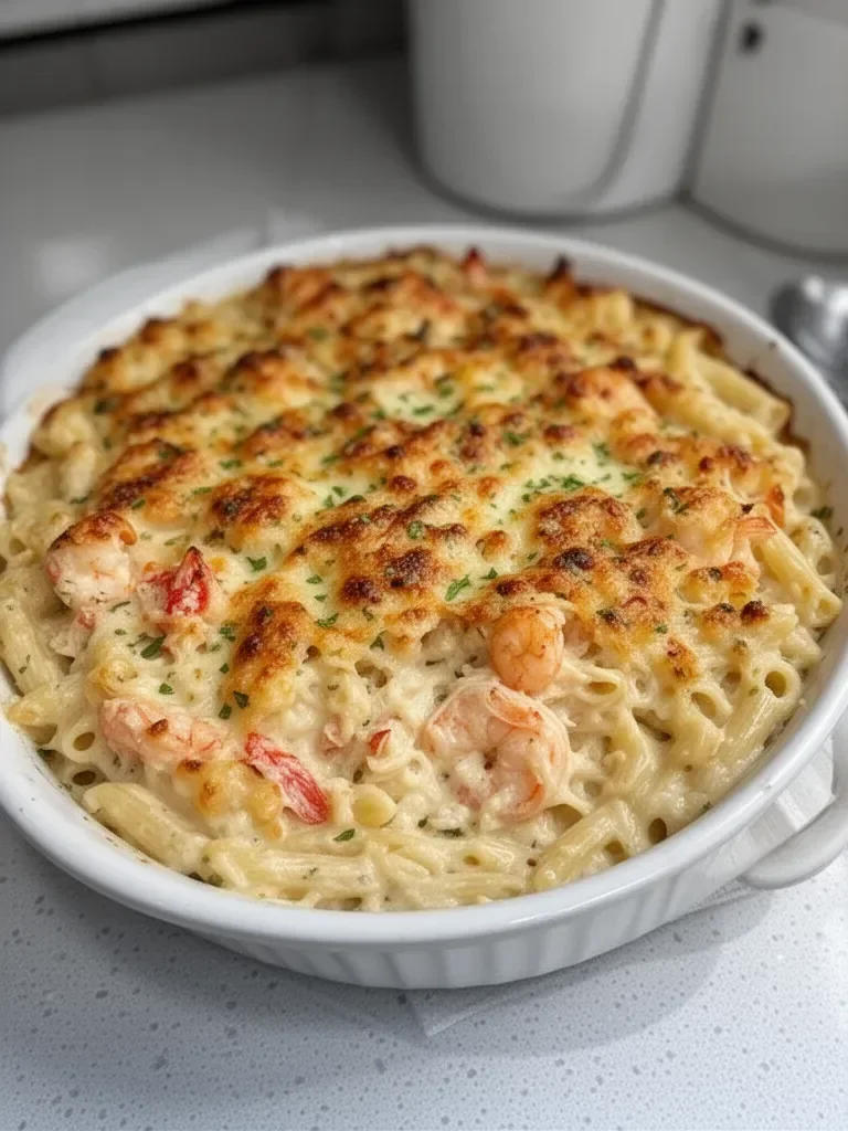 Creamy Shrimp And Crab Alfredo Pasta Bake With Cheese Crust