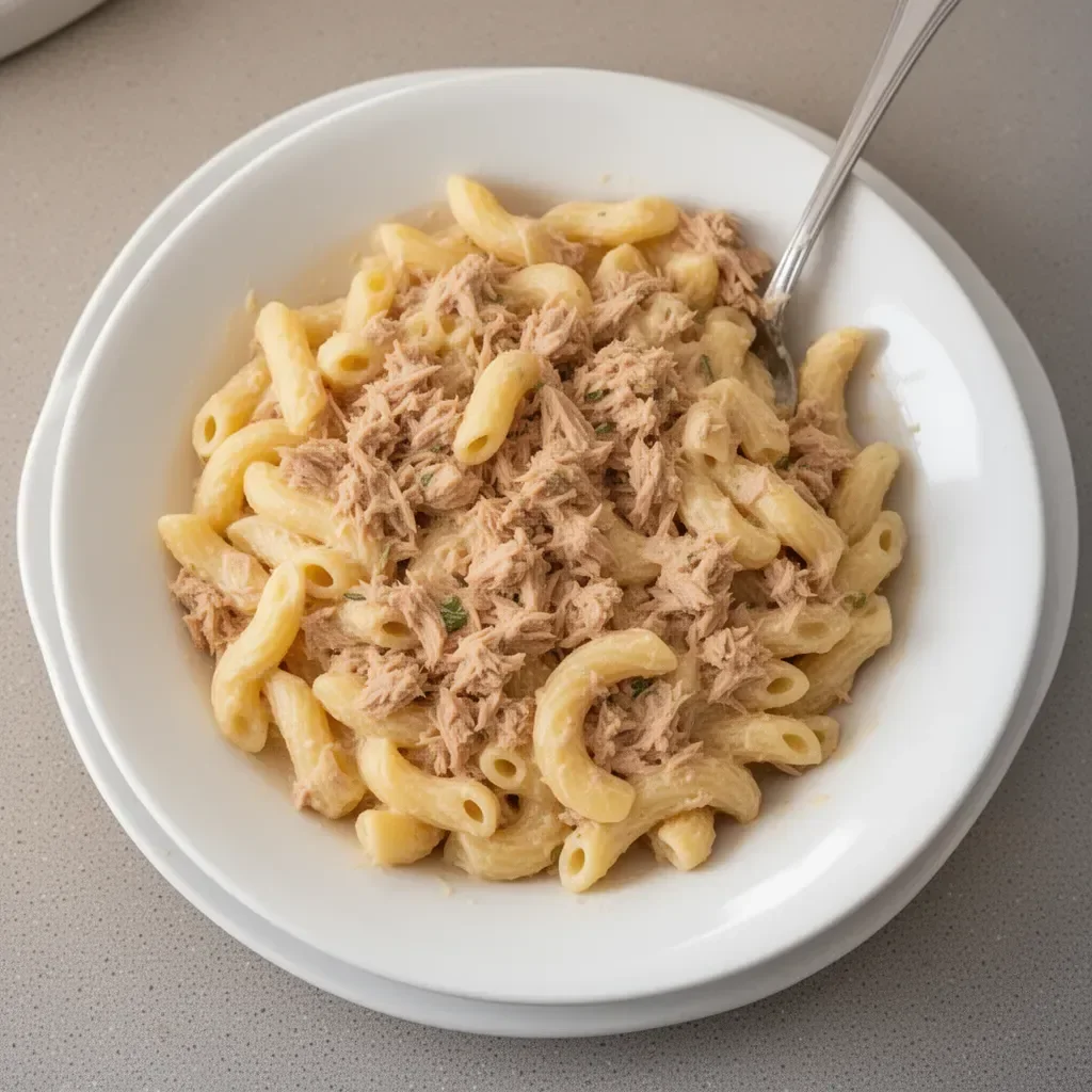 Bowl of creamy tuna pasta topped with herbs and grated cheese
