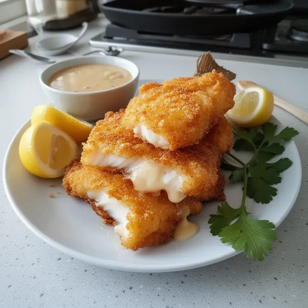 Plate of crispy fried fish garnished with lemon and herbs