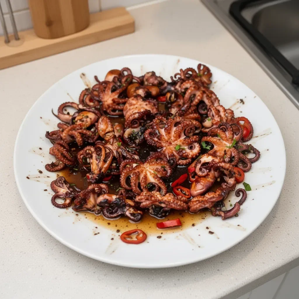Crispy marinated baby octopus served on a plate, garnished with herbs.