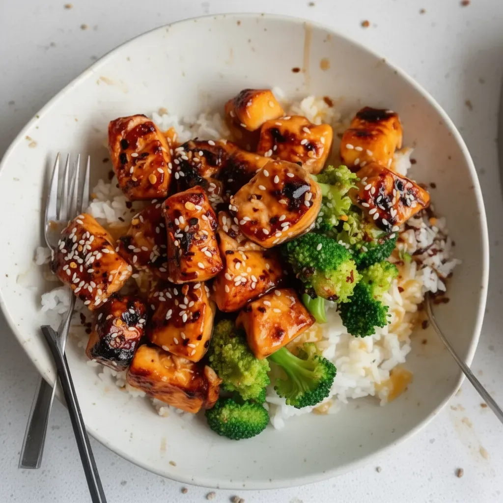 Crispy Orange Salmon Bowls with vibrant vegetables and rice