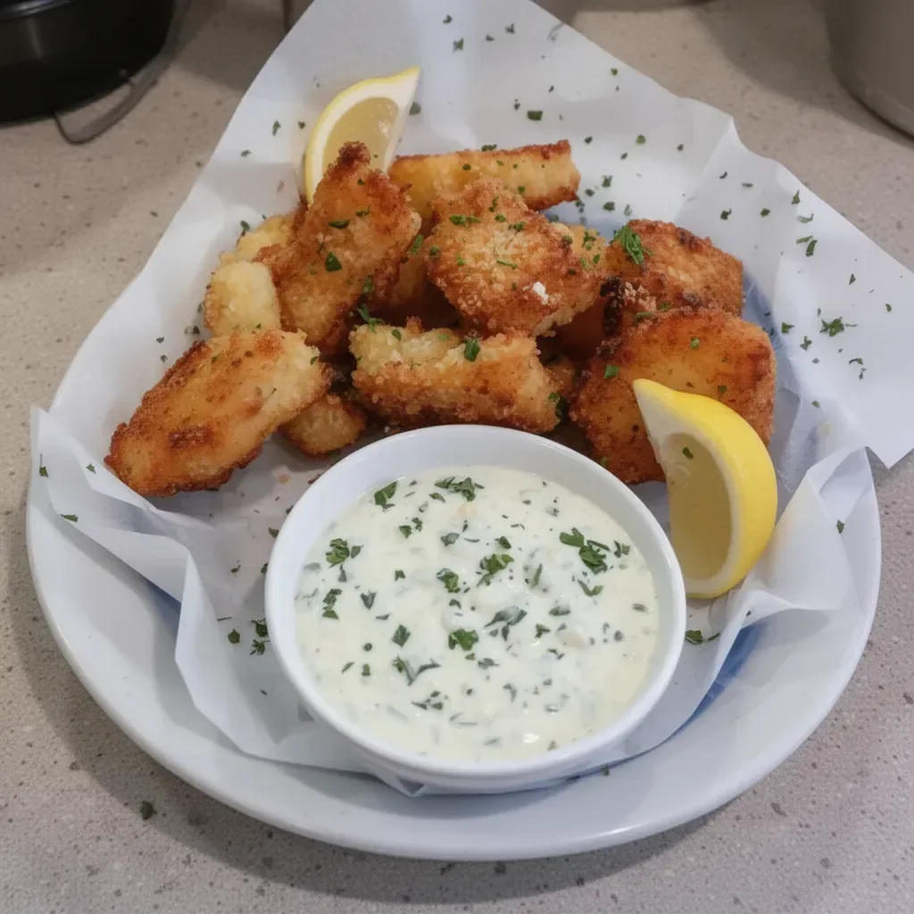 Crispy oven-fried fish bites garnished and served with homemade tartar sauce