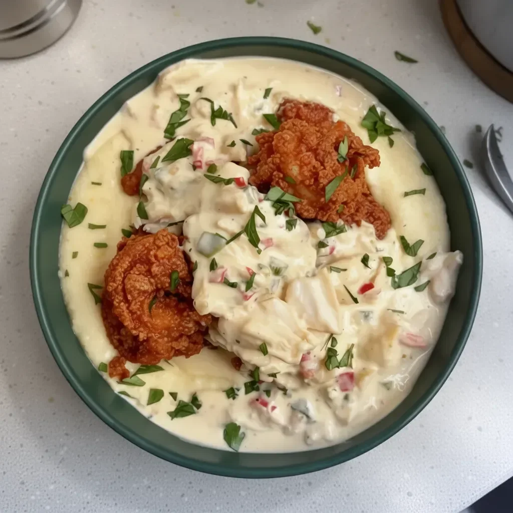 Crispy shrimp and grits with jumbo lump crab cream sauce on a plate