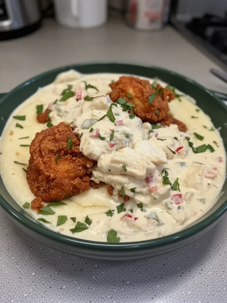 Crispy Shrimp and Grits with Jumbo Lump Crab Cream Sauce
