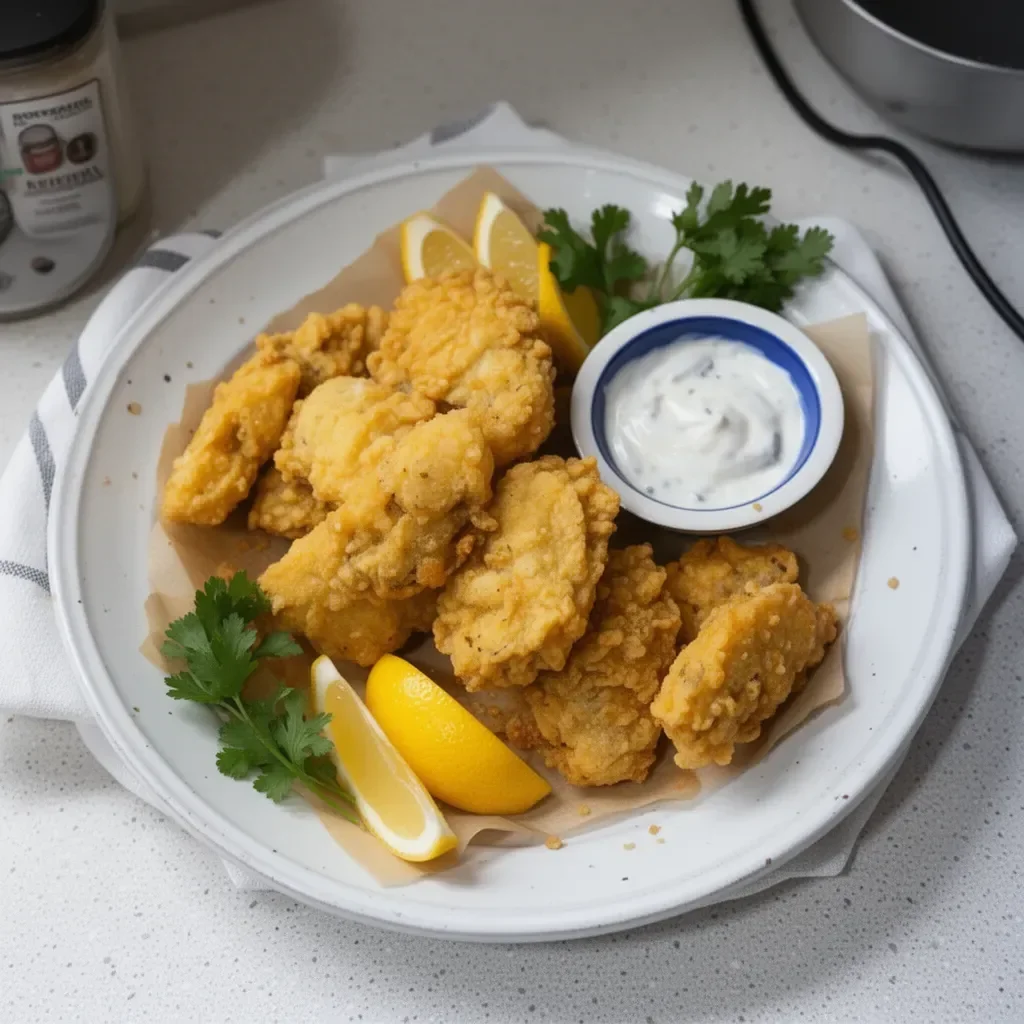 Plate of crispy Virginia fried oysters served with dipping sauce