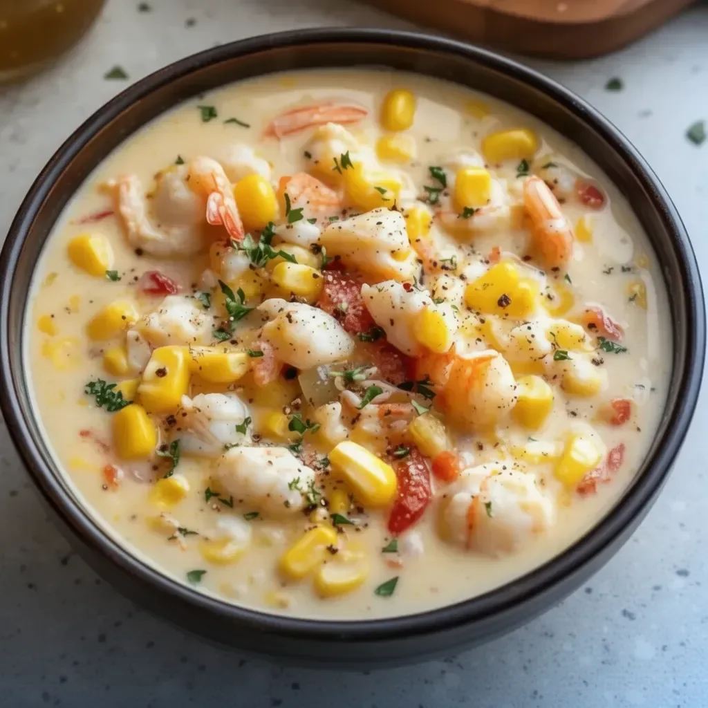 Bobby Flay's creamy crab chowder with corn served in a bowl