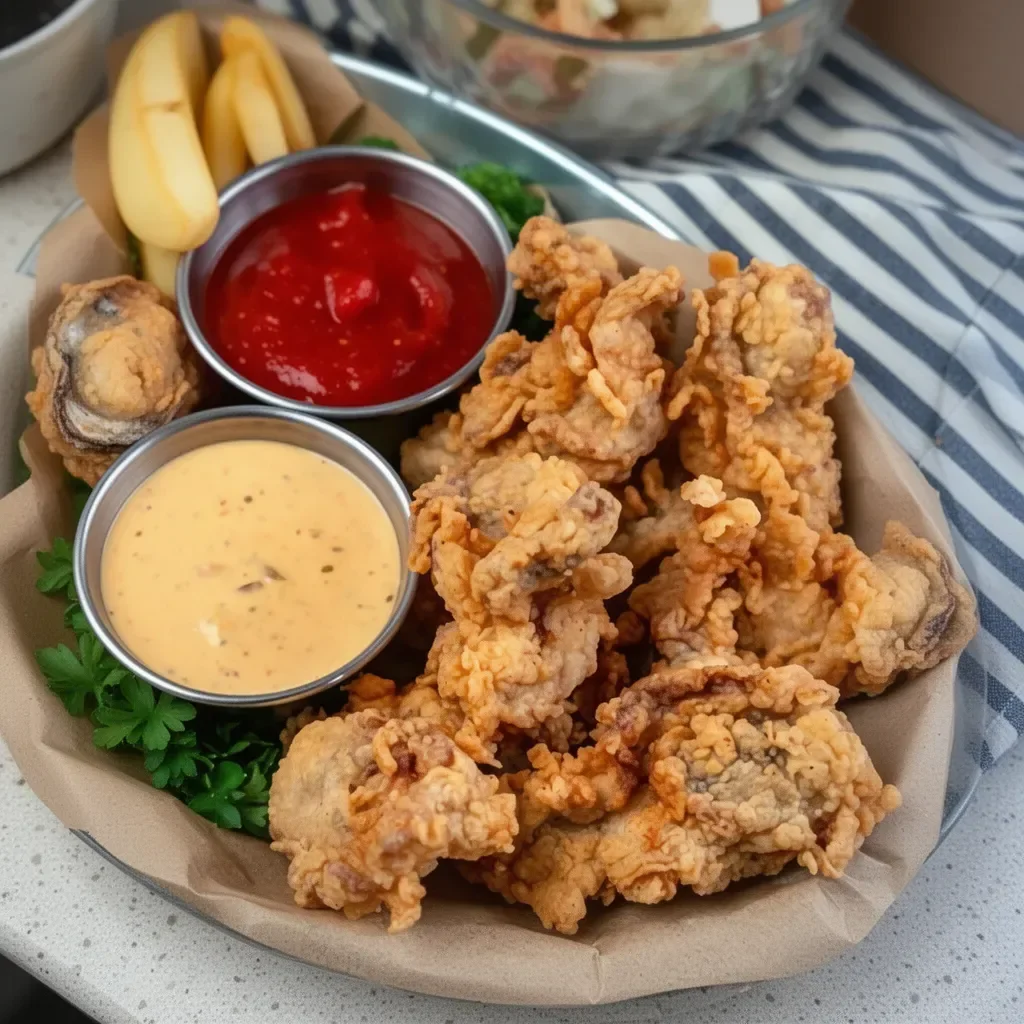 Plate of crispy deep fried oysters garnished with lemon and sauce