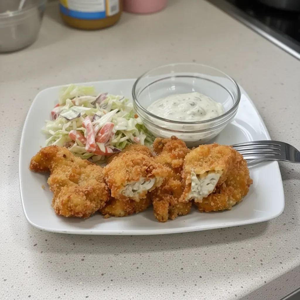 Delicious deep fried oysters served with a side of dipping sauce.