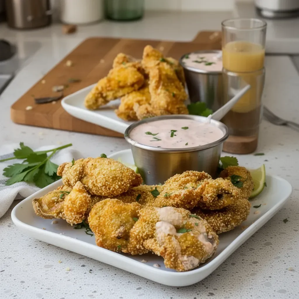 Delicious deep fried oysters with remoulade sauce on a plate