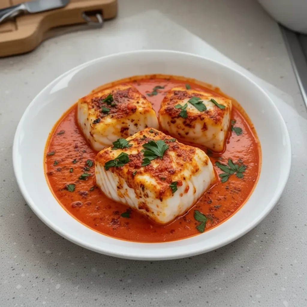 Plate of delicious cod fillets in roasted red pepper sauce garnished with herbs