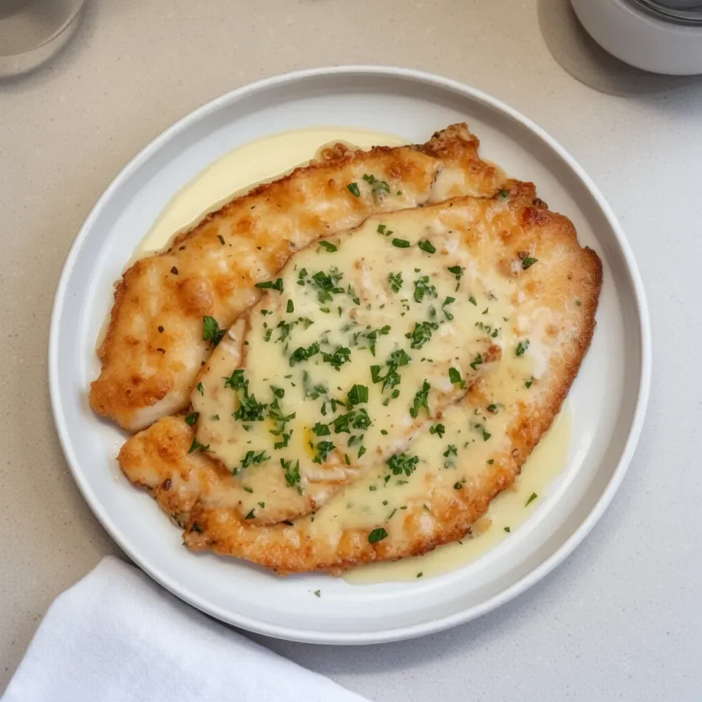 Plate of delicious flounder Française served with lemon and herbs