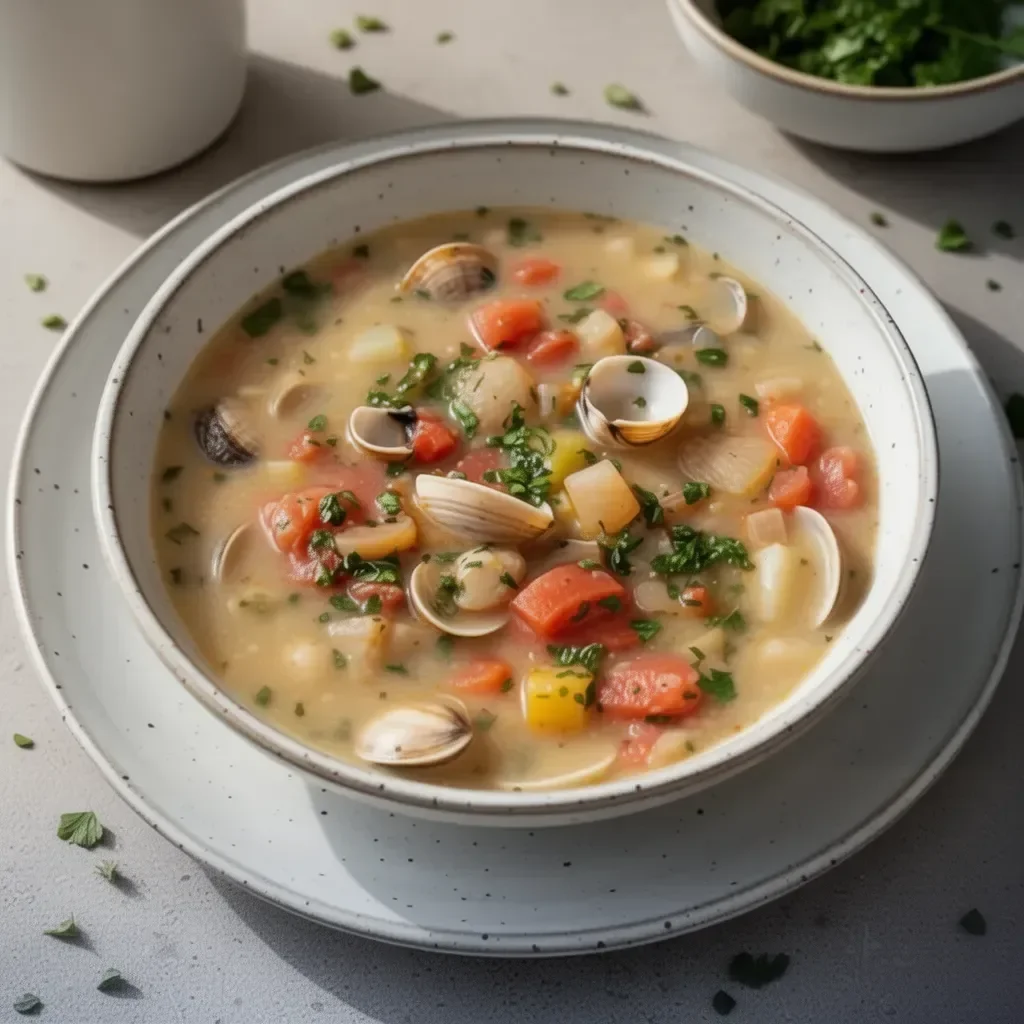 Bowl of Ina Garten's delicious Manhattan clam chowder, garnished with fresh herbs.