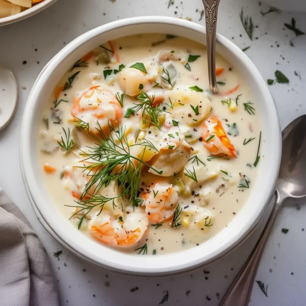 Easy creamy seafood chowder in a bowl, garnished with herbs and served hot.