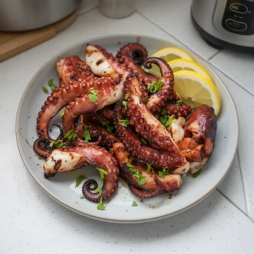 A beautifully grilled octopus garnished and served on a plate.