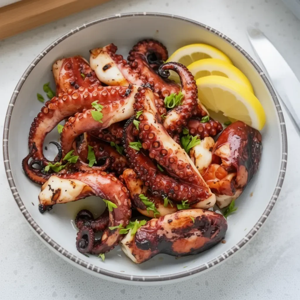Delicious grilled octopus dish garnished with herbs and lemon slices