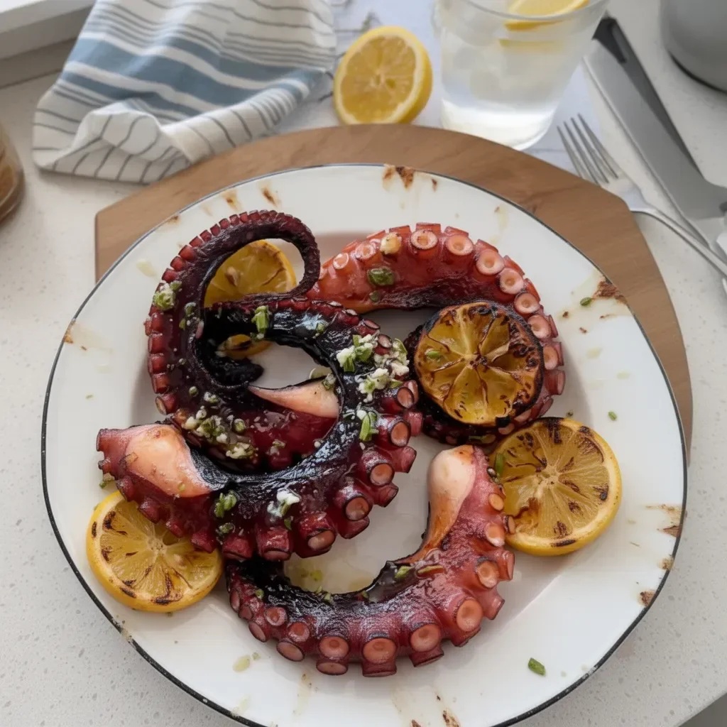 Tasty grilled octopus with lemon, served in a Greek style dish