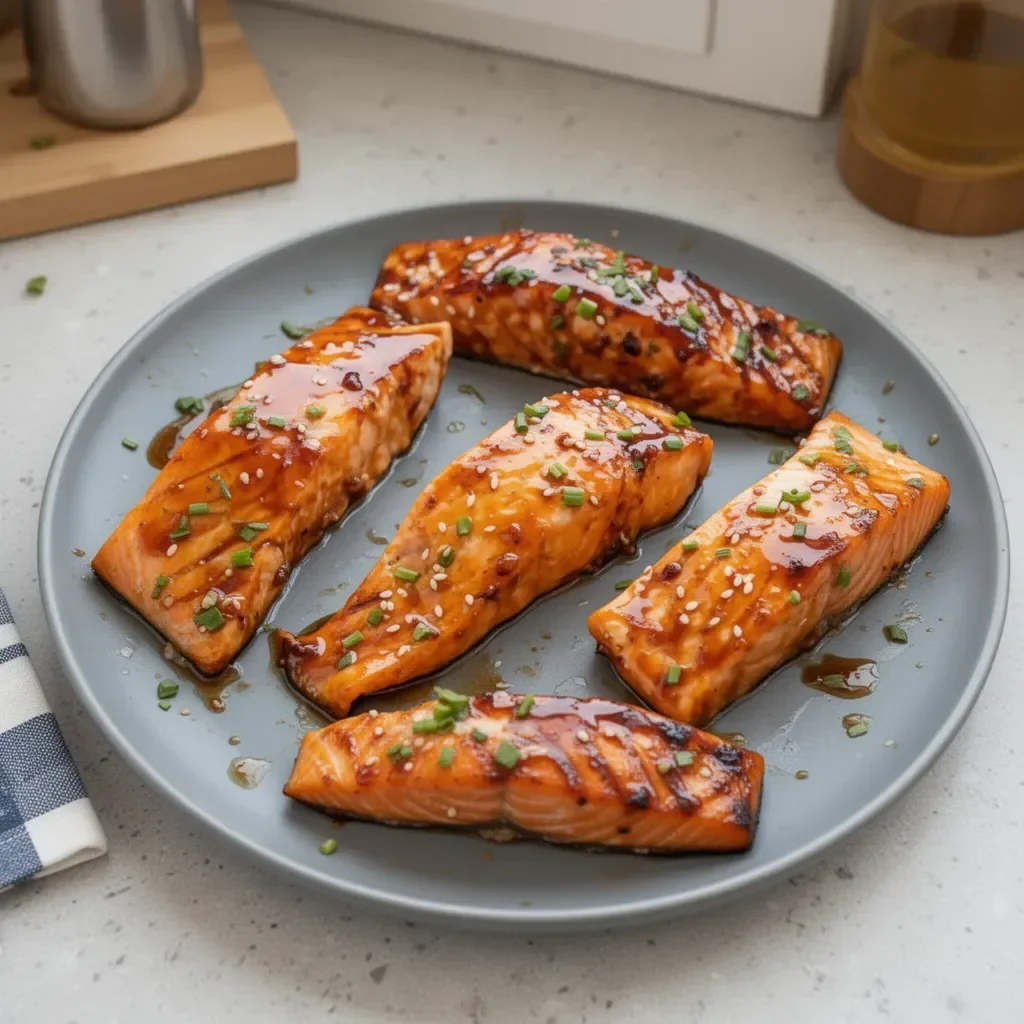Maple glazed salmon cooked in one pan, garnished with fresh herbs.