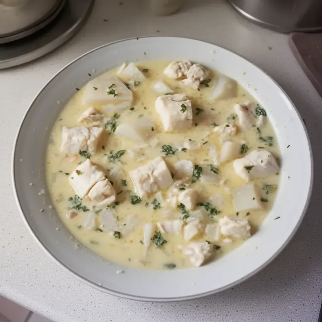 Delicious bowl of homemade Fish Chowder with seafood and vegetables
