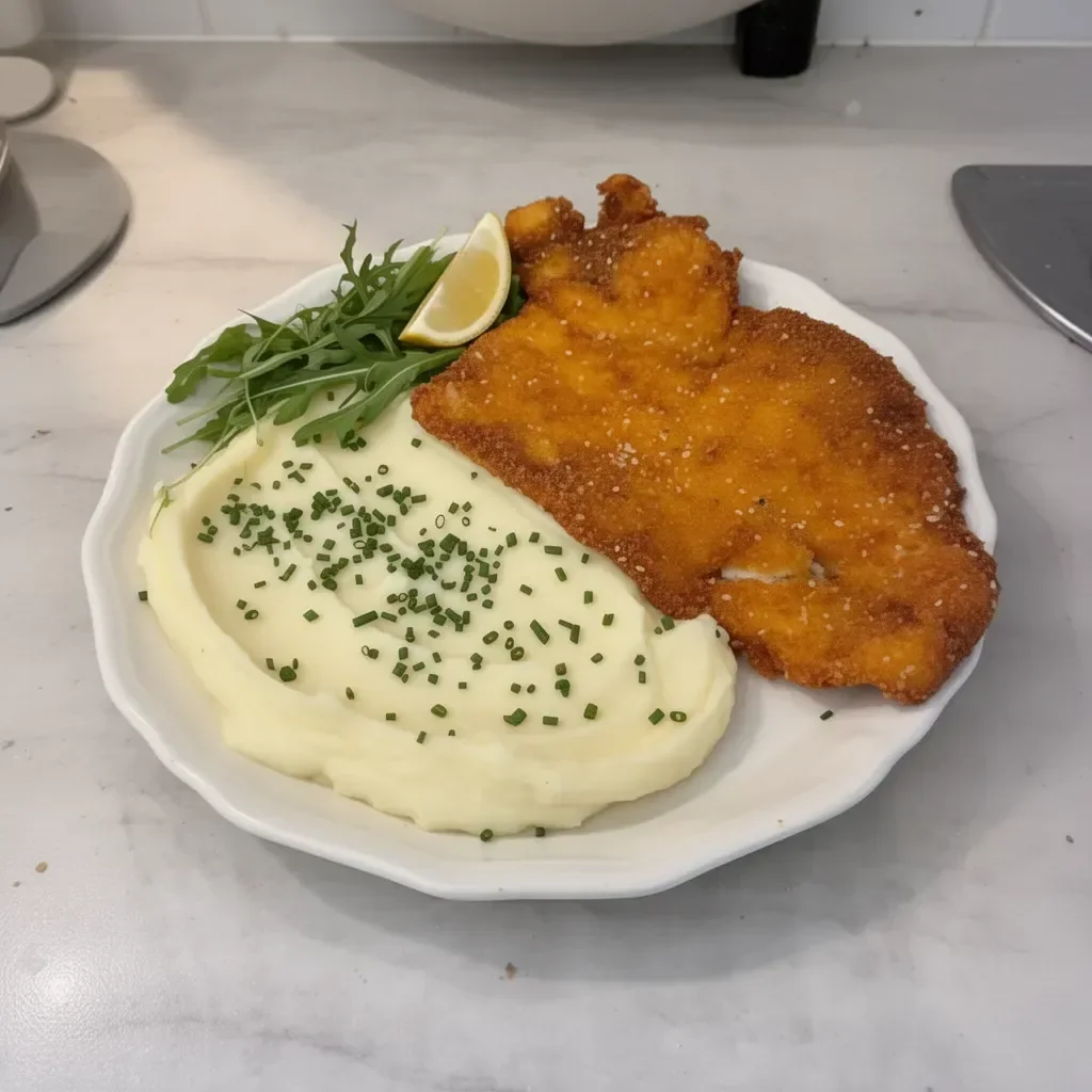 Plate of Fish Schnitzel served with creamy mashed potatoes