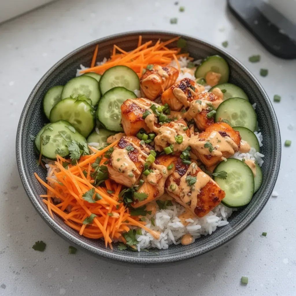 Delicious Bang Bang Salmon bowl with fresh ingredients and vibrant colors