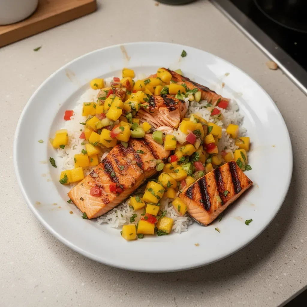 Plate of fresh salmon with vibrant mango salsa garnish