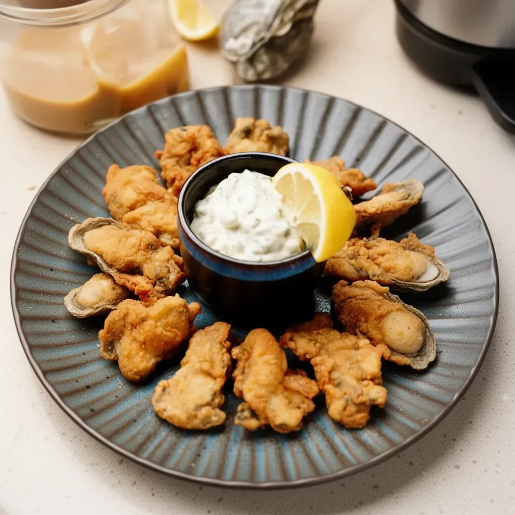 Plate of golden crispy fried oysters served with dipping sauce.