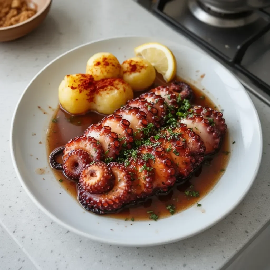 Plate of Galician-style octopus garnished with paprika and olive oil.