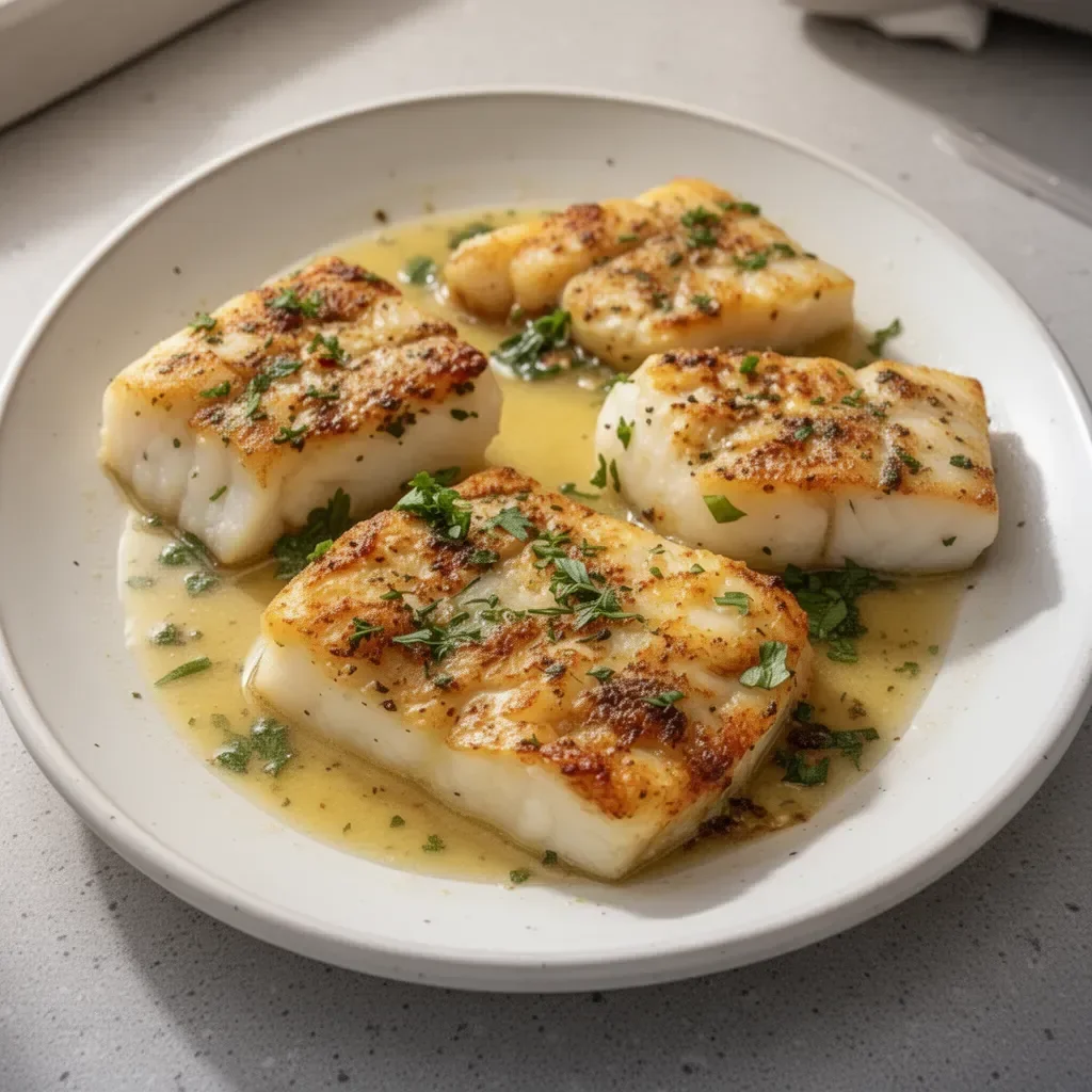 Garlic Butter Baked Cod served on a plate, garnished with herbs.