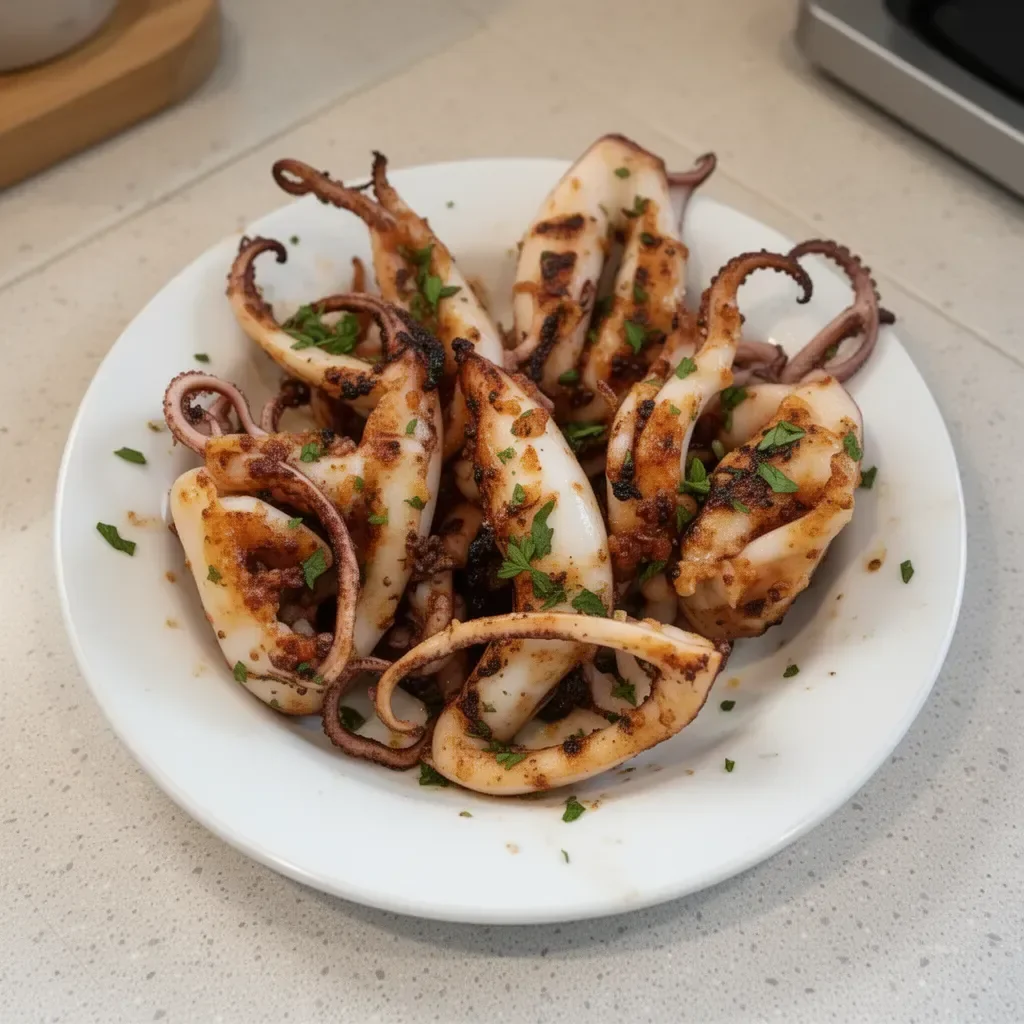 Delicious garlic parsley grilled squid tapas served on a plate.