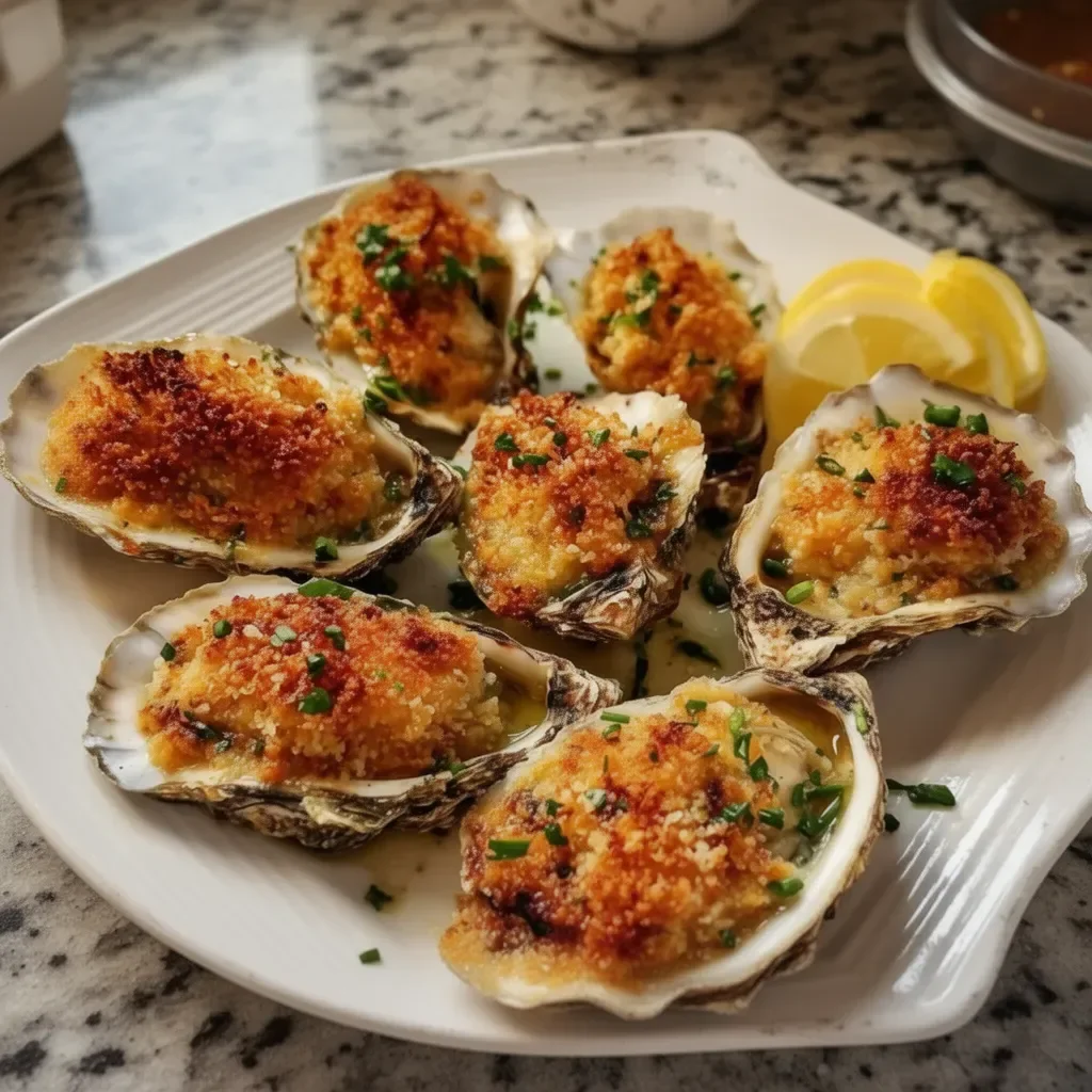 Golden baked oysters topped with herbs and breadcrumbs on a serving platter